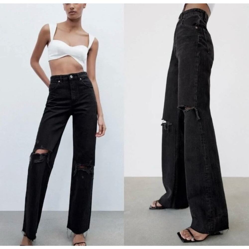 Zara Distressed Black Wide Leg Jeans